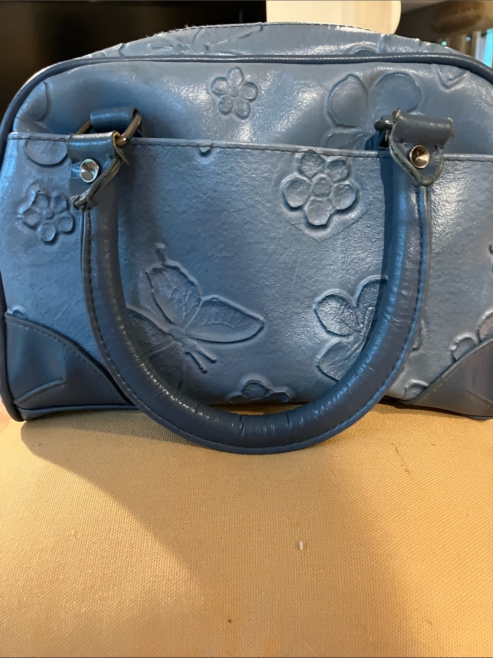 Blue Floral Embossed Butterfly Satchel - Women's Bag